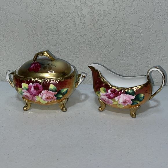 Vintage American Beauty Germany Creamer Sugar Bowl Set Hand Painted Rose Signed - Picture 1 of 15